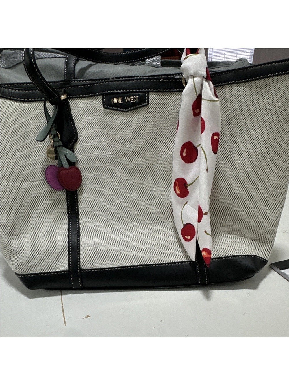 Nine West Cream and Black Canvas Tote with Cherry Scarf